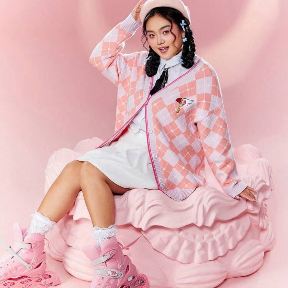 (Sold) Pink diamond plaid Cardcaptor Sakura collab button up cardigan XL